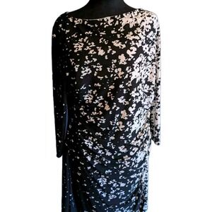 Sz XL Chaps Dress Womens Black White Abstract Pattern Boat-Neck 3/4 Sleeve Lined